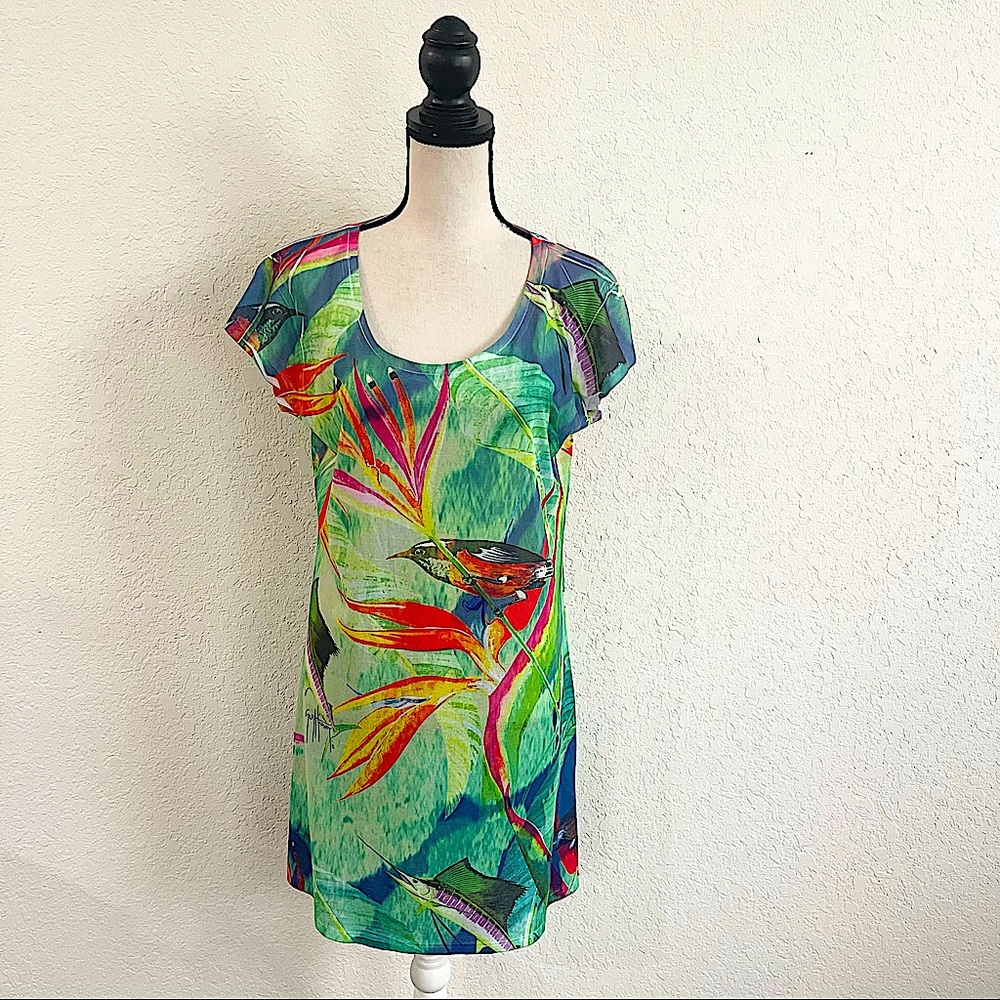 GUY HARVEY Multicolored Fish Print Bird Short Sleeve Dress  Large Casual Fishing